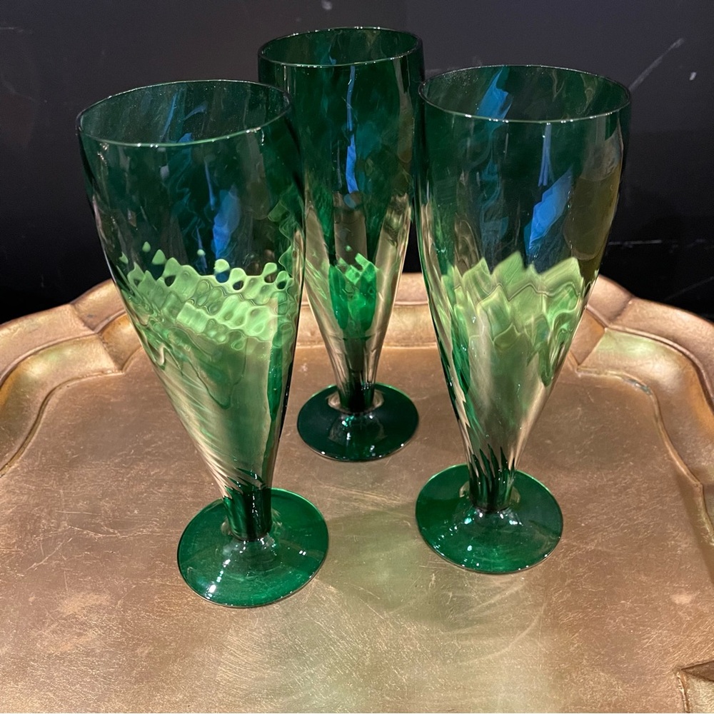 Vintage  3 Empoli Optic Drinking Glasses, Emerald Green  Optic Glass Handblown - Picture 2 of 16